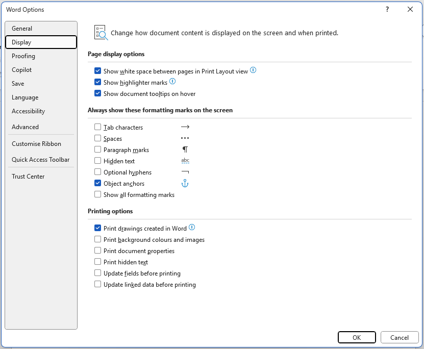 Print options Word options Display tab dialog in Word